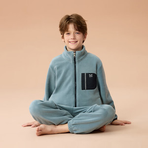 【99.9包邮】猫人 儿童撸猫绒保暖家居服套装 灰蓝色120