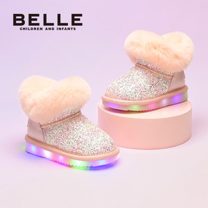 百丽梦幻闪灯雪地靴25冬季新款女童雪地靴加绒保暖棉靴儿童雪地靴