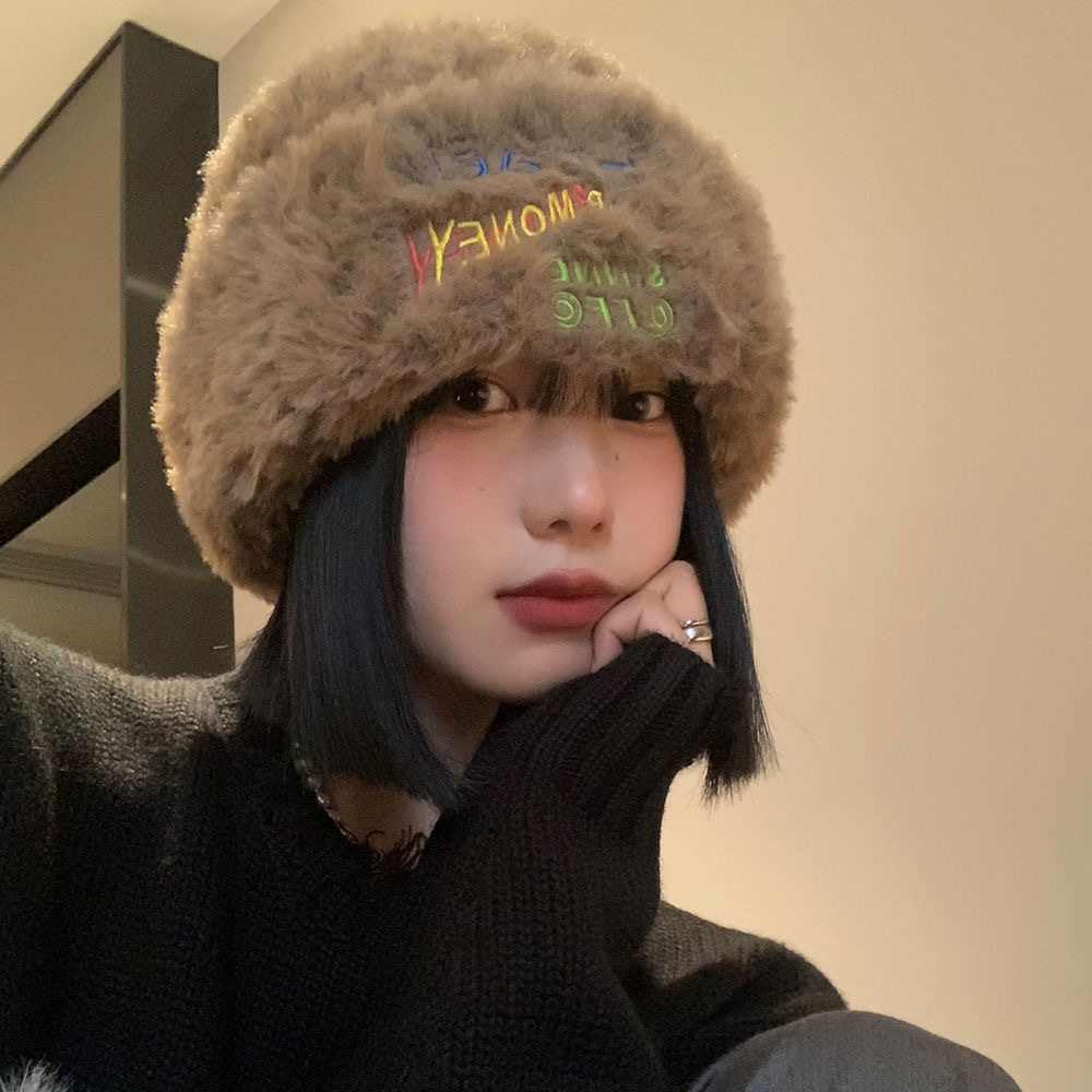 毛绒针织帽女士秋冬日系大头围加厚保暖刺绣毛线帽韩版显脸小帽子 19.9元