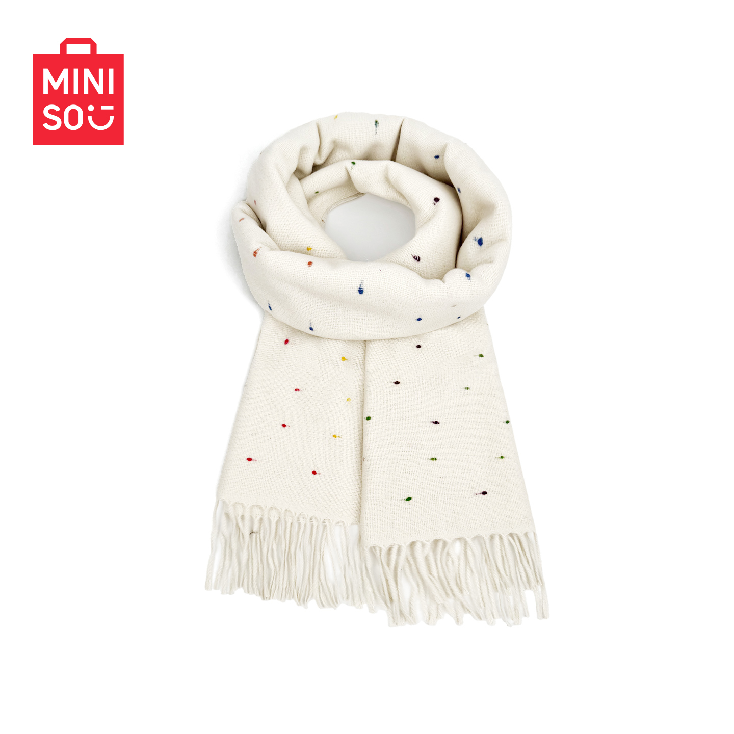 MINISO名创优品彩虹糖豆白色围巾冬季韩系氛围感加厚学生保暖围脖 39.9元