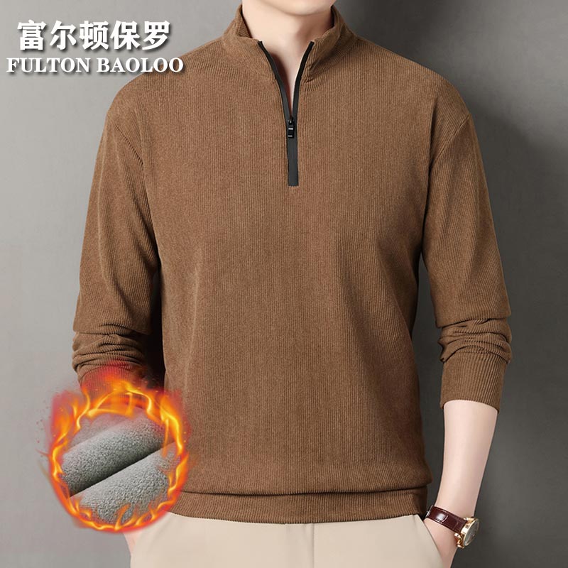 【59.9包邮】FULTON BAOLOO 富尔顿保罗 男士半拉链纯色灯芯绒体恤衫 卡其 59.9元