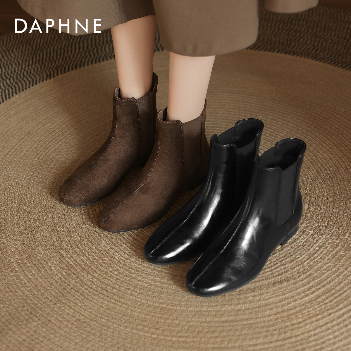 达芙妮棕色短靴女冬季2025新款中筒靴子加绒马丁靴切尔西瘦瘦靴 89.9元