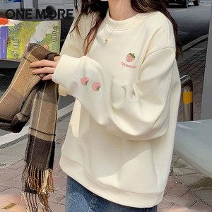one more加绒圆领卫衣女秋冬季2025新款宽松加厚保暖慵懒风上衣S