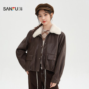 三福厚外套女2025新款冬季保暖加绒皮夹克毛绒翻领上衣女装511706