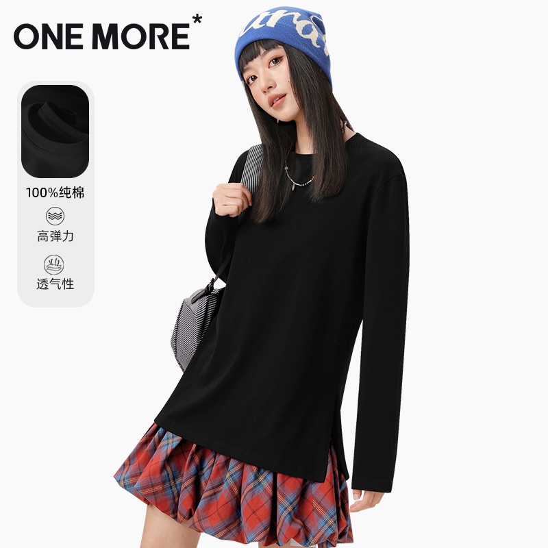 one more白色纯棉长袖t恤女款秋冬内搭单穿配鲨鱼裤遮屁股打底衫S 30.12元