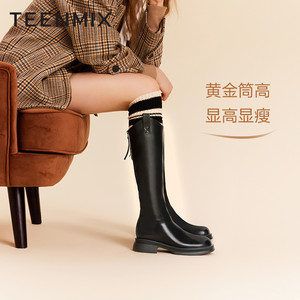 天美意厚底V口加绒骑士靴长靴女鞋子高筒时装靴冬季新款BH641DG5