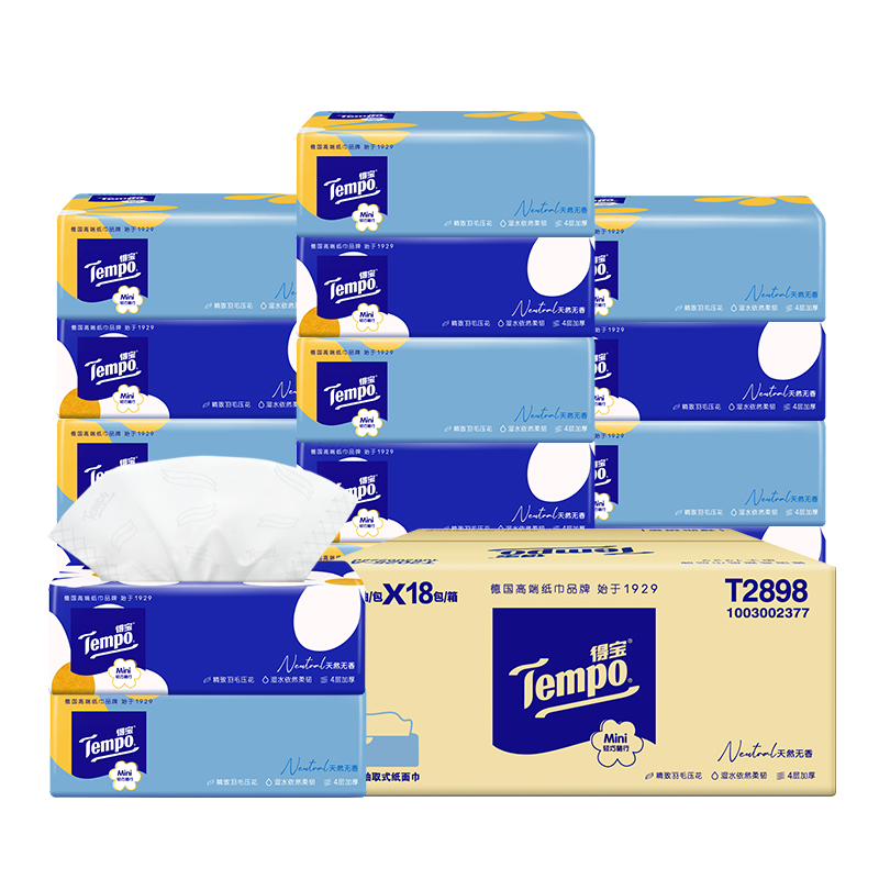 Tempo得宝mini软抽纸巾无香4层80抽18包整箱实惠装K 38元