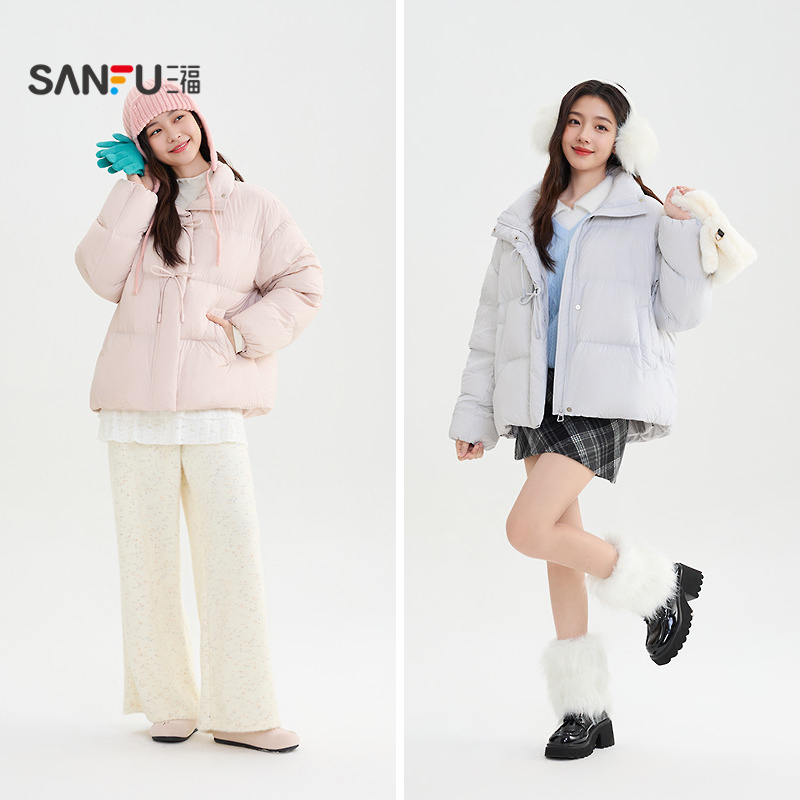 三福羽绒服女2025新款冬季蝴蝶结立领休闲保暖时尚外套女装849436 366.7元