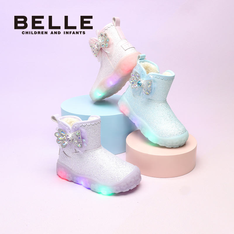 百丽童鞋女童闪灯鞋雪地靴2025冬季新款加绒保暖儿童公主靴大棉鞋 199元