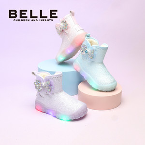 百丽童鞋女童闪灯鞋雪地靴2025冬季新款加绒保暖儿童公主靴大棉鞋
