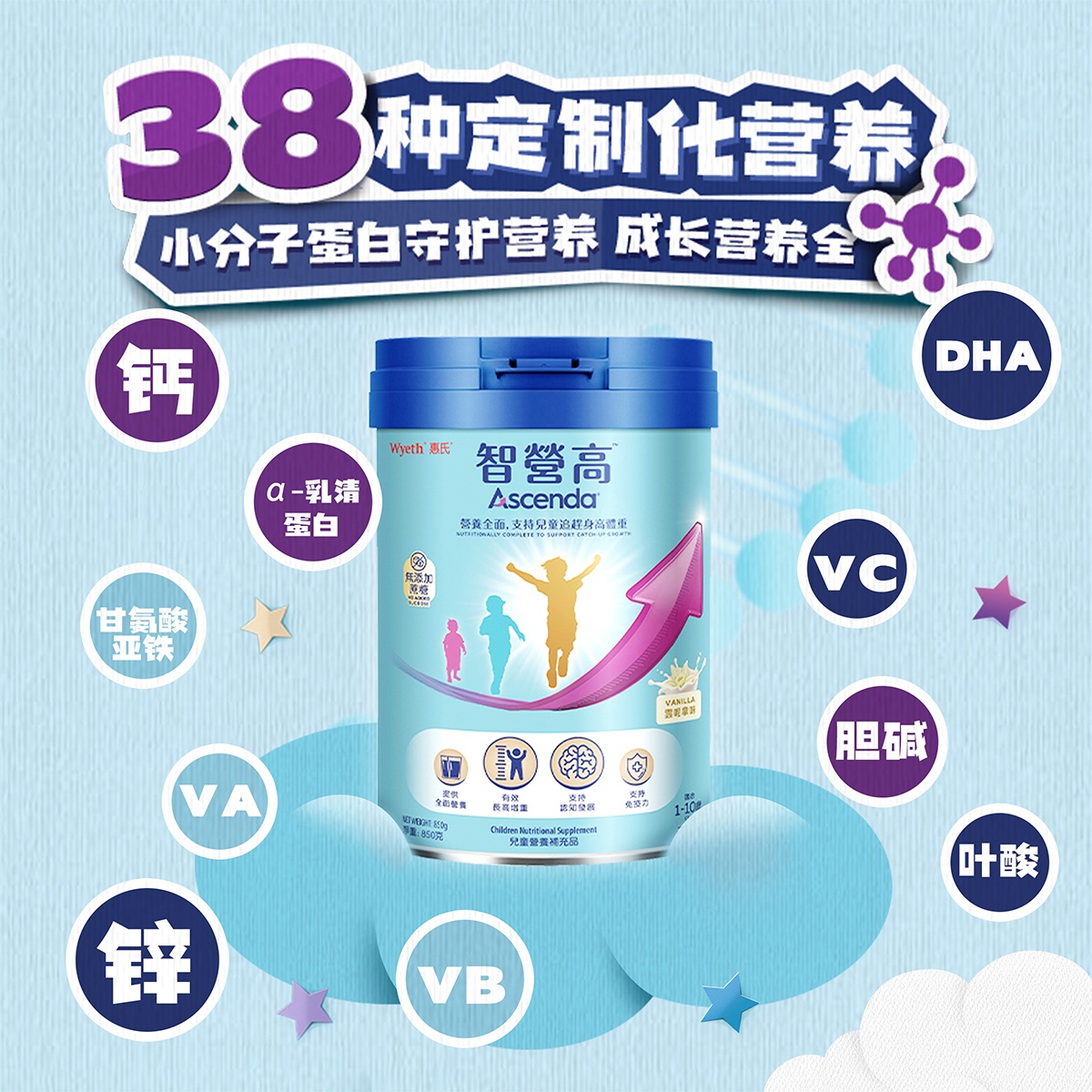 【自营】惠氏火箭罐Ascenda智营高儿童成长奶粉0蔗糖香港850g*3罐 515元