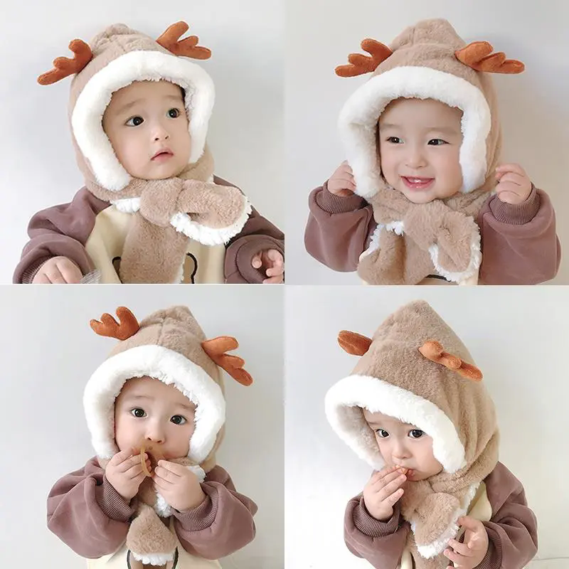 儿童帽子围巾一体帽秋冬季1-4岁3宝宝加绒防风超萌护耳帽保暖男女