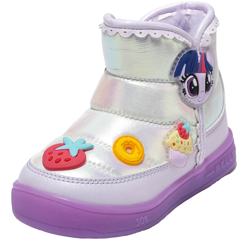 百丽童鞋小马宝莉联名2025冬女童雪地靴保暖加绒棉靴闪灯马年短靴 189元