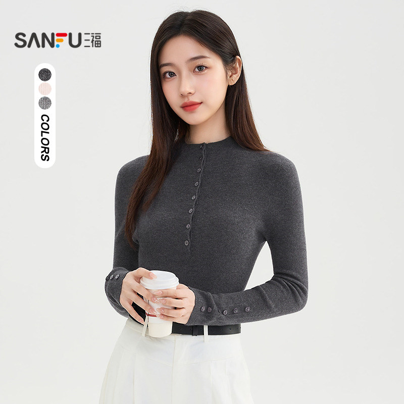 三福打底毛衫女2025新款冬季小中领针织衫保暖内搭上衣女装513175 77.2元
