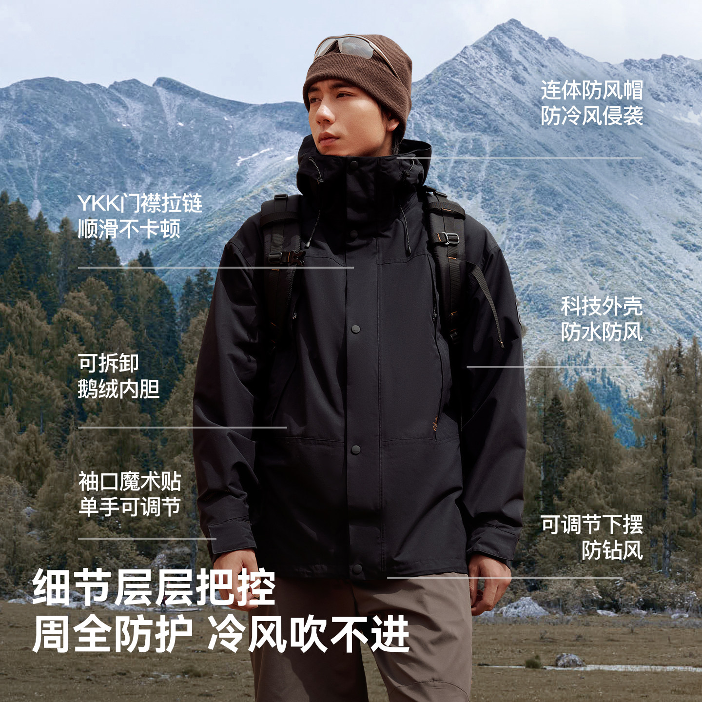 【山海】伯希和户外三合一羽绒冲锋衣女防风保暖内胆防水登山服男 899元