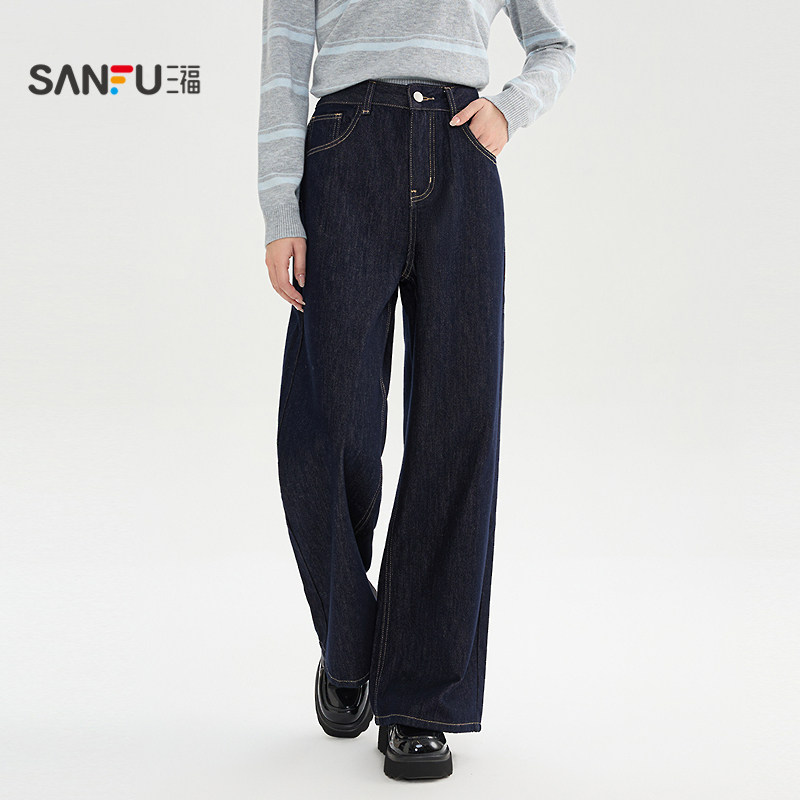 三福牛仔长裤2025新款冬季磨毛阔腿裤复古深色宽松裤子女装512304 129.62元
