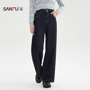 三福牛仔长裤2025新款冬季磨毛阔腿裤复古深色宽松裤子女装512304