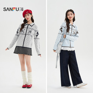 三福毛衣开衫女2025新款冬季小熊图案翻领宽松波点上衣女装513493