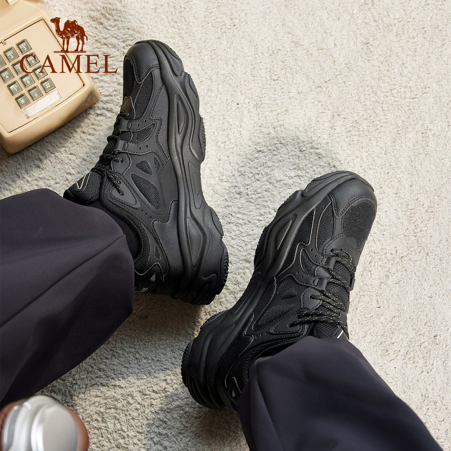 骆驼星火休闲鞋男2026新款黑色厚底老爹鞋减震复古跑步鞋运动鞋 179元