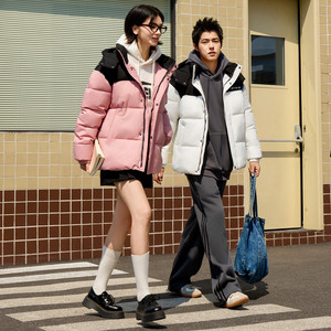 美特斯邦威棉服男2025冬季新款潮流休闲拼色保暖连帽棉衣外套男