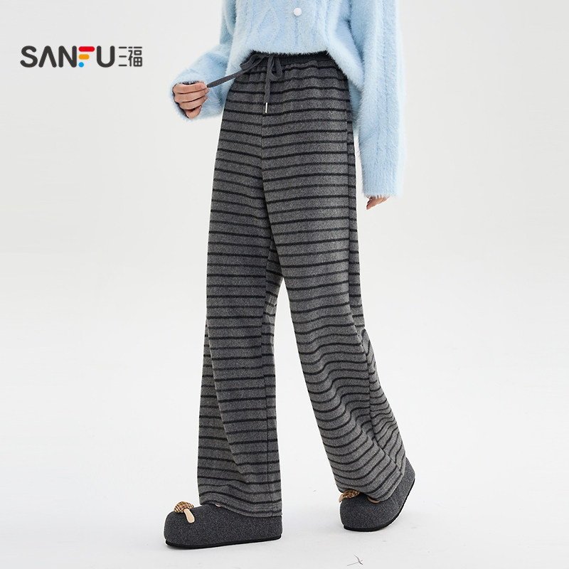 三福休闲裤2025新款冬季高腰宽松慵懒条纹针织阔腿长裤女装512269 155.17元