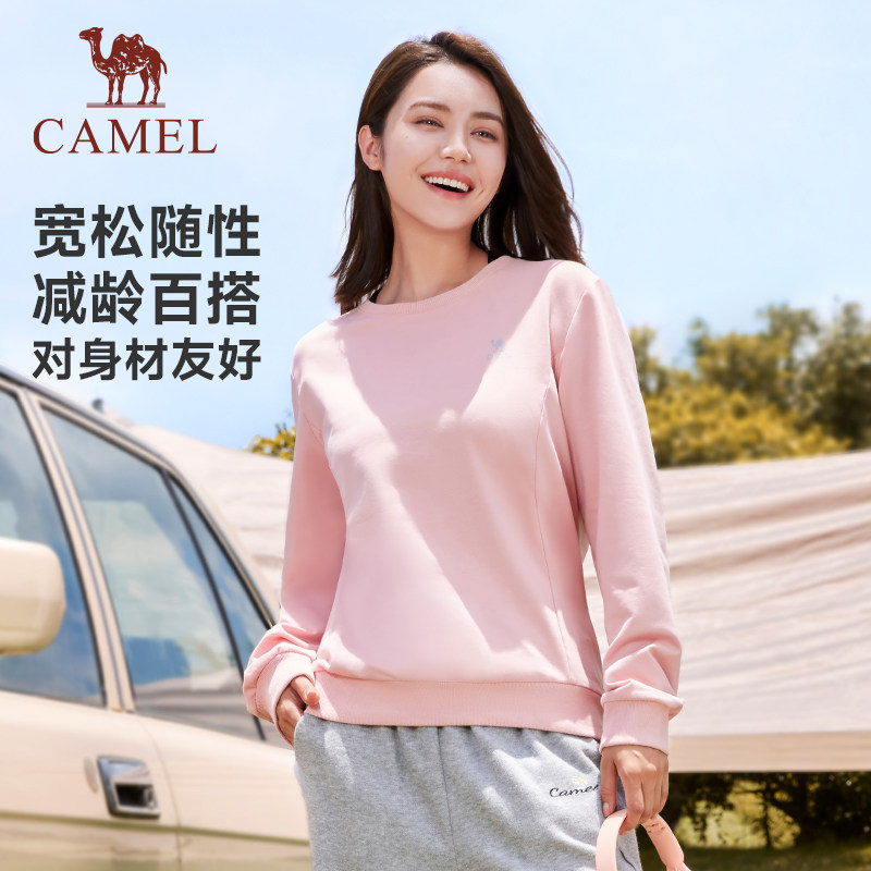 骆驼运动圆领套头卫衣男士宽松显瘦百搭薄款长袖打底衫休闲T恤女