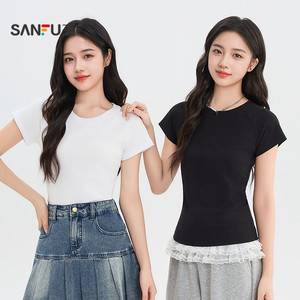 三福修身纯色短袖女2026新款夏季简约休闲圆领t恤插肩袖上衣女装