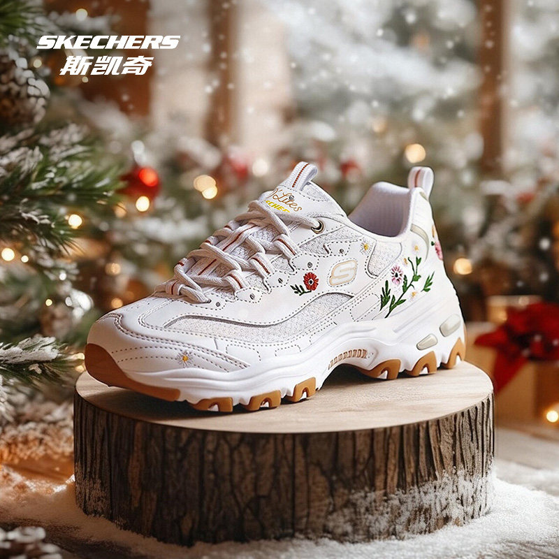 斯凯奇官方outlets小白鞋女子刺绣印花运动鞋厚底增高黑白老爹鞋