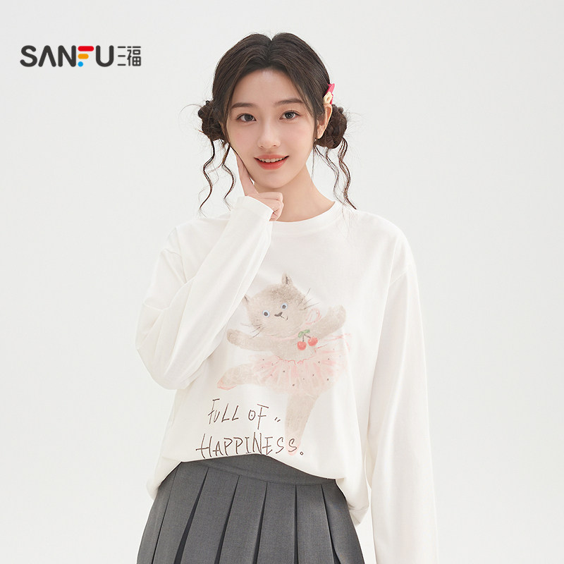 三福长袖T恤女2026新款春季可爱猫咪印花休闲宽松上衣女装517356 77.12元