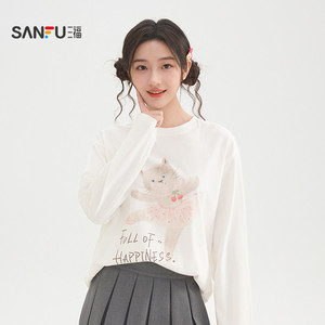 三福长袖T恤女2026新款春季可爱猫咪印花休闲宽松上衣女装517356