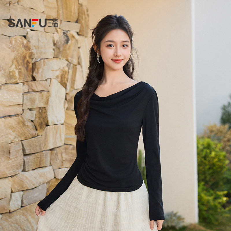 三福长袖T恤2026新款春季荡领褶皱收腰一字领休闲上衣女装514477 55.72元