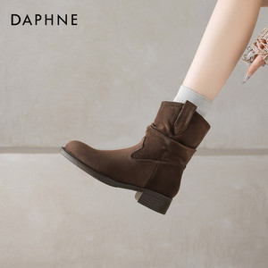 达芙妮棕色短靴女冬季2025新款中筒靴子加绒马丁靴切尔西瘦瘦靴