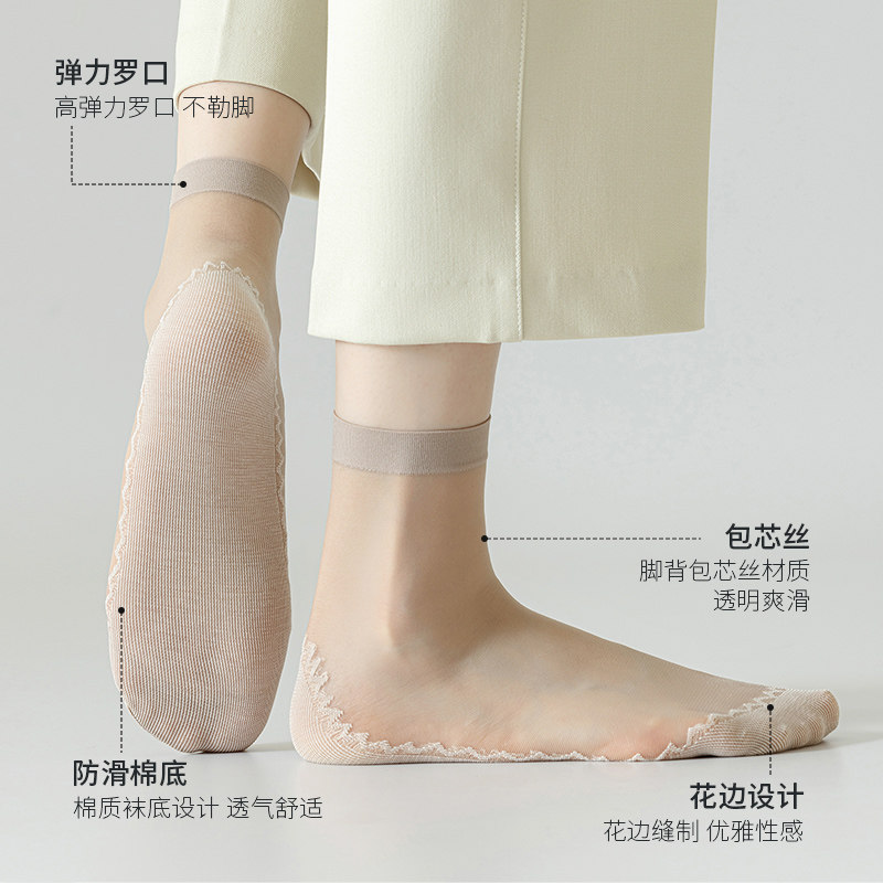 梦娜丝袜女短袜春秋薄款防勾丝水晶包芯丝黑肉色透明隐形中筒耐磨