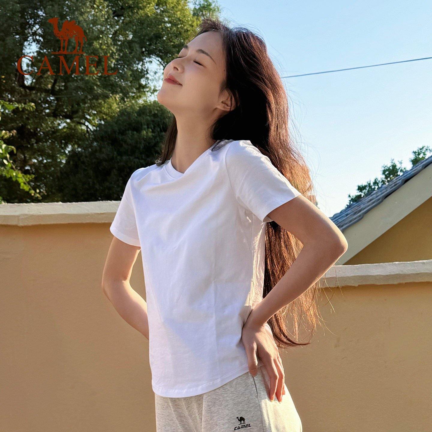 骆驼短袖T恤女正肩T神纯色半袖体恤冰感短款打底弹力修身显瘦上衣 59.1元