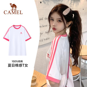 骆驼纯棉T恤女春夏季短袖圆领情侣新款复古宽松运动休闲上衣男