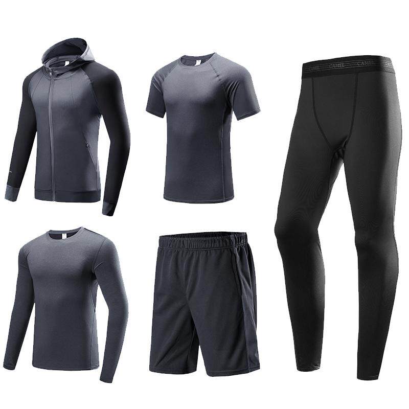 骆驼健身服套装男夏季连帽高弹跑步吸汗透气运动短袖五件套 189.1元