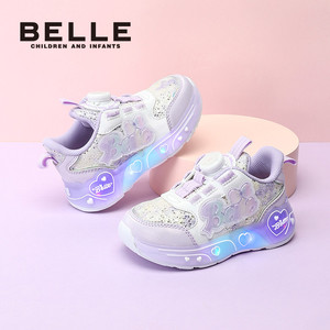 百丽童鞋女童闪灯运动鞋春季新款儿童亮灯休闲鞋宝宝旋扣鞋发光鞋