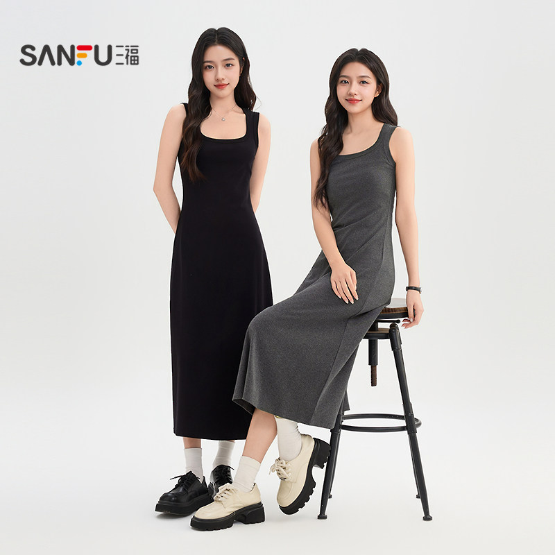 三福吊带连衣裙女2026新款夏季方领无袖修身显瘦背心裙长裙子女装 75.74元