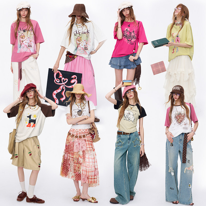 妖精的口袋印花插肩修身短袖t恤女2026夏新款宽松显瘦设计感上衣 123元