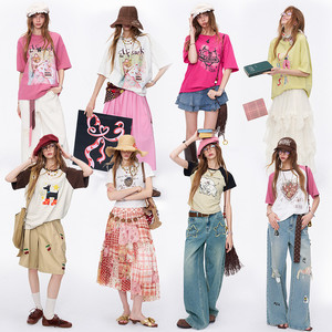 妖精的口袋印花插肩修身短袖t恤女2026夏新款宽松显瘦设计感上衣