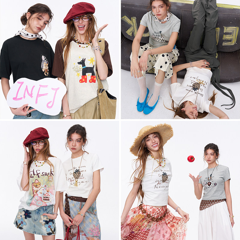 妖精的口袋印花插肩修身短袖t恤女2026夏新款宽松显瘦设计感上衣 129元