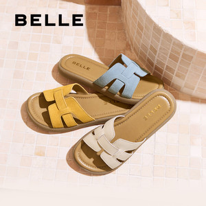 百丽度假风一字凉拖女夏季新款可外穿休闲海边拖鞋E2T1DBT5预