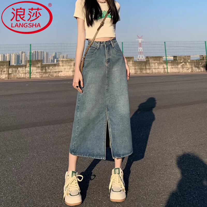 【JD旗舰店】浪莎 高腰a字中长款复古牛仔裙 74元