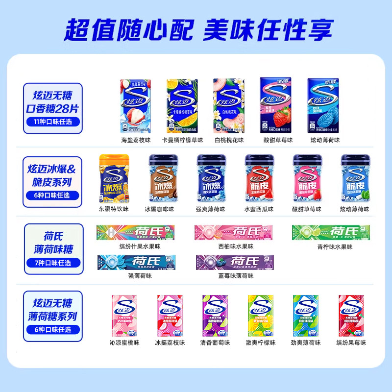 炫迈口香糖无糖薄荷糖多种口味超值任选4件随心配聚会解馋零食 29.8元