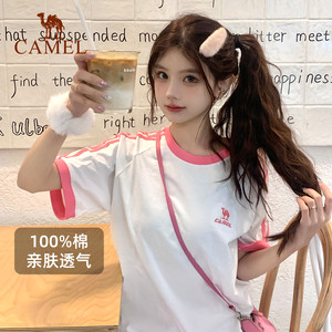 骆驼T恤女绵柔T神100%纯棉夏季圆领复古美式宽松运动休闲上衣短袖