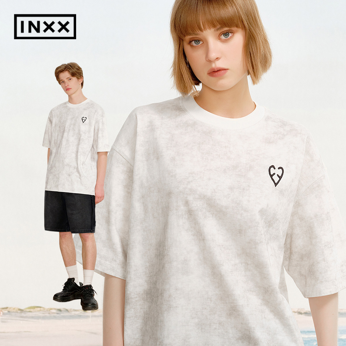 INXX美式复古蜡染白色男T恤短袖2026夏季宽松休闲圆领半袖上衣女 109元