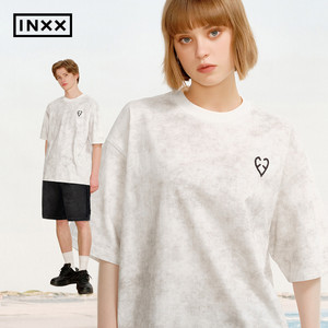 INXX美式复古蜡染白色男T恤短袖2026夏季宽松休闲圆领半袖上衣女