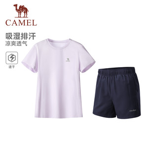 骆驼女装休闲运动套装夏季新款薄款速干短袖T恤运动短裤两件套