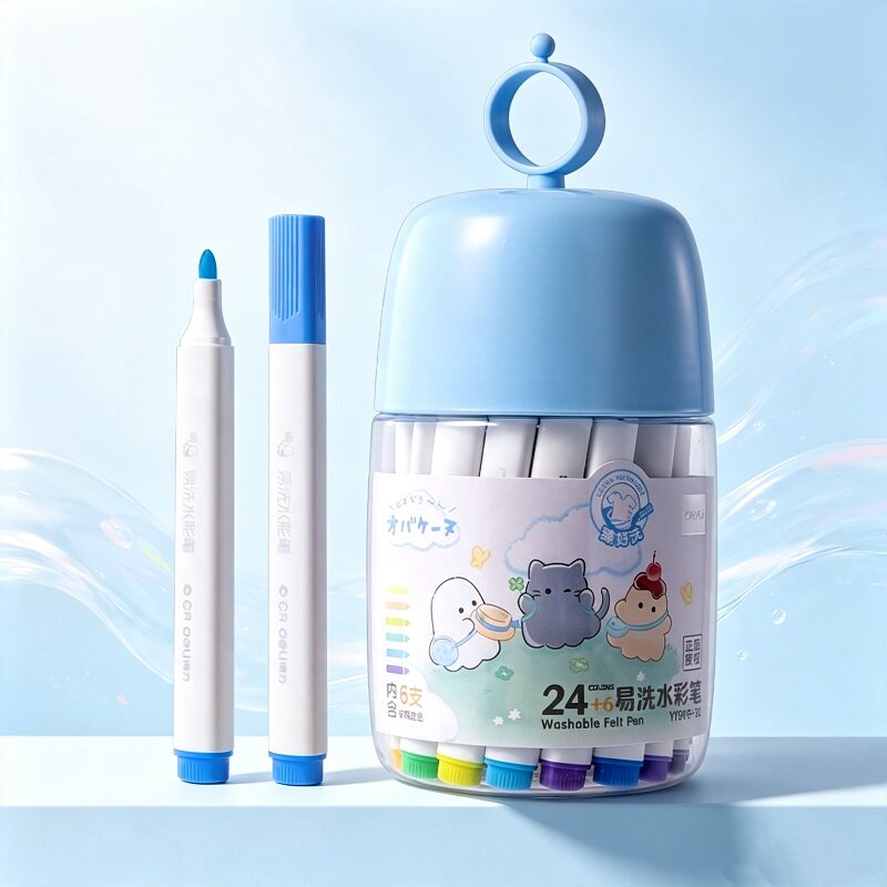 得力24色三角杆水彩笔套装小学生儿童宝宝幼儿园用画画涂鸦绘画手绘笔水彩画笔大容量彩色笔绘画笔套装 12.9元