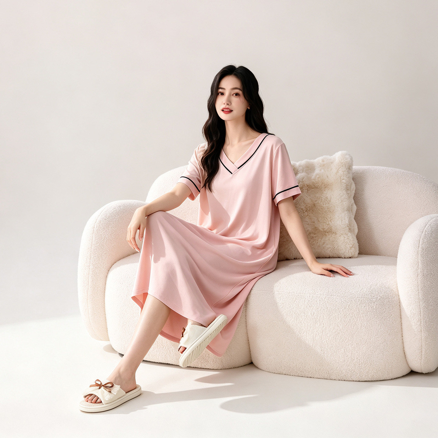 莫代尔短袖睡裙女夏季带胸垫V领家居服可外穿薄款防真空尴尬设计 29元